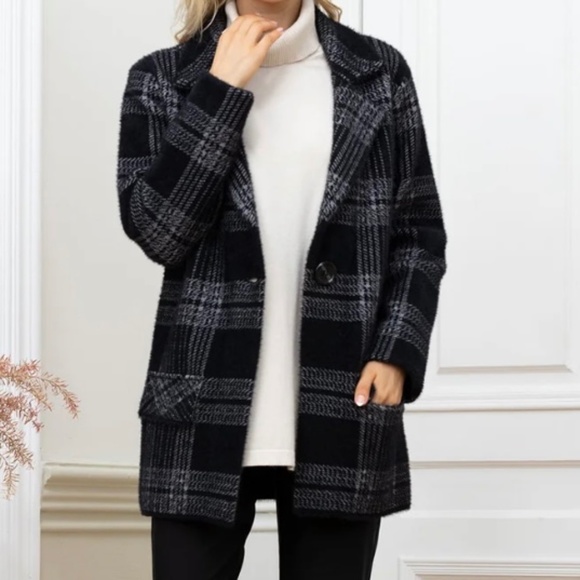 Sweater Coat Orange Fashion Village Plaid Black Grey Knitted Blazer Cardigan S/M - Picture 1 of 16